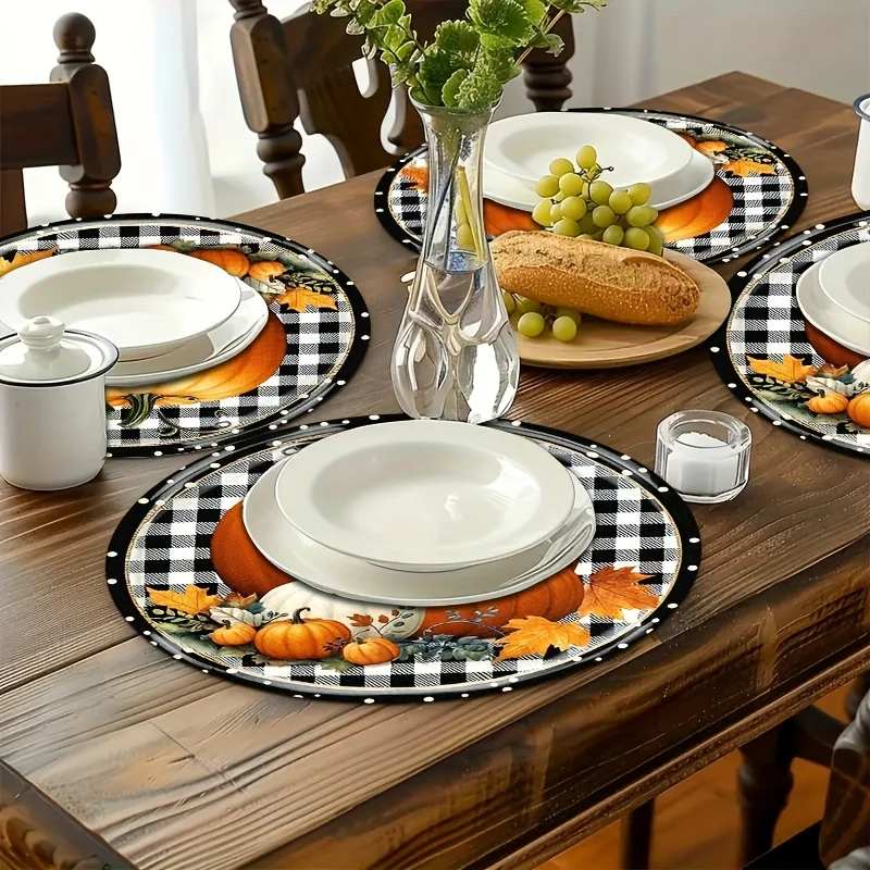 VIKAMA Round Fall Placemats Pumpkin Plaid Linen Mats Non-Slip Heat Resistant for Autumn Thanksgiving Farmhouse Table Decor