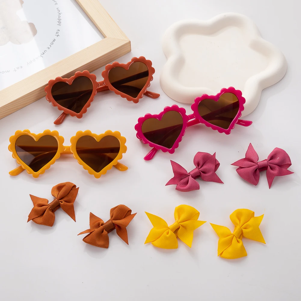 3Pcs/Set Heart Baby Sunglasses Grosgrain Ribbon Mini Hair Bows Clips Cute Hairpins UV400 Sun Shadow Glasses Kids Party Headwear