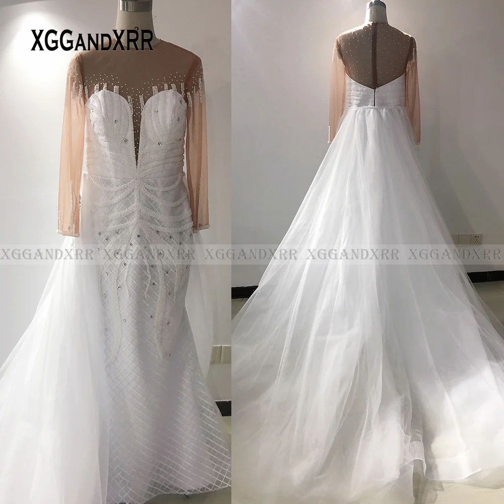 African Mermaid Wedding Dress 2022 O Neck Long Sleeves Luxury Beading Illusion Back Detachable Train Overskirt Bridal Gown Gala