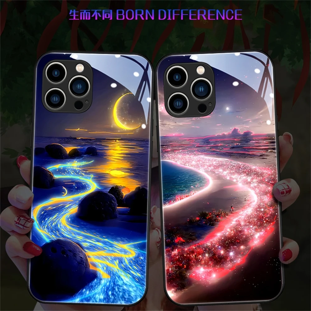 Moonlight Beach Luminous Smart Phone Case For iPhone 15 14 13 12 11 Pro Max X Xr Xs 7 8 Plus LED Acoustic Control Protect Cover