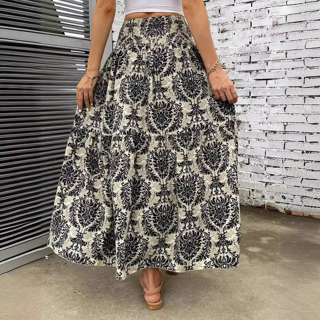 Casual Beach Print Summer Skirt High Waist Ultra Thin Polyester Fiber Knitted Casual Women's Skirts