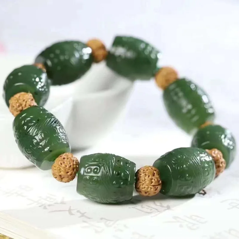 Natural Hetian Russian Material Old Jade Spinach Green With Slightly Black Spots Ruyi Bead Bracelet