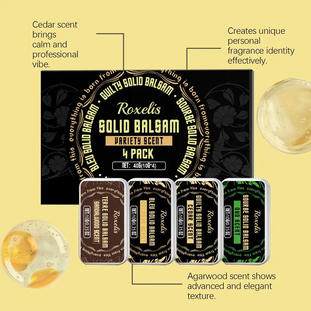

Oud Cedar Sandalwood Scent Lasting Male Fragrance Portable Balm 4 Pack 10g Men's Solid Balm Set Box Variety Scent Solid Balsam