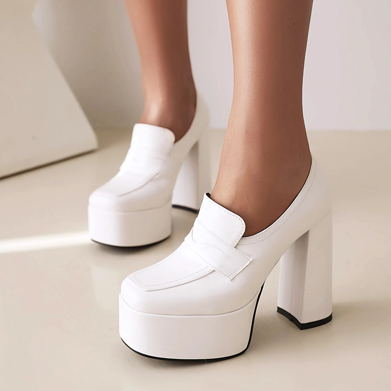 Autumn High Platform Fashion Women Pumps Pink White Soft Leather Square Toe Thick Heels Party Woman Office Shoes Plus Size 34-43