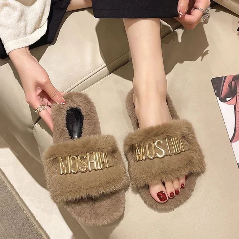 Plush Slippers Women 2023 Autumn and Winter New Fashion Metal Flat Cotton Slippers Non Slip Warm Zapatillas Planas