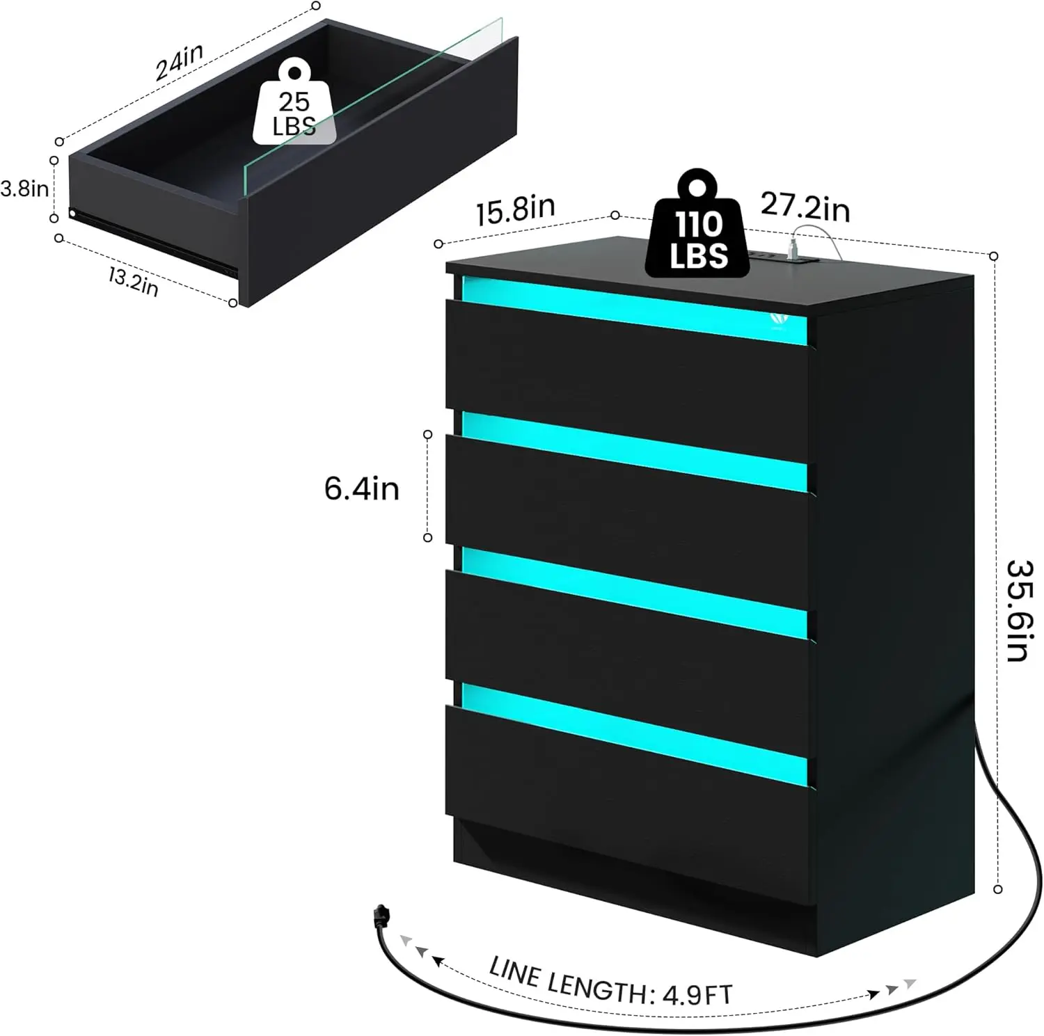 Black Dresser With Power Outlets & Led Lights, 4 Drawer Tall Dresser With Tempered Glass Panel, Chest Of Drawers For Bedroom