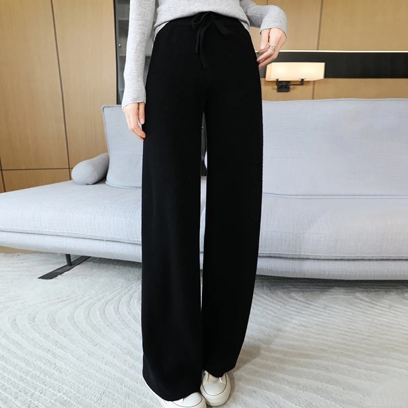 Autumn and winter women\'s 100% wool knitted wide leg pants with high waist and loose wool fashionable hot selling women\'s pants