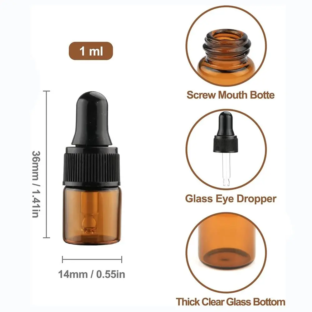 Amber Glass Dropping Bottles 1ml 2ml 3ml 5ml Mini Essential Oil Dropper Bottles Empty Travel Sample Vials with Black Cap (1ml)