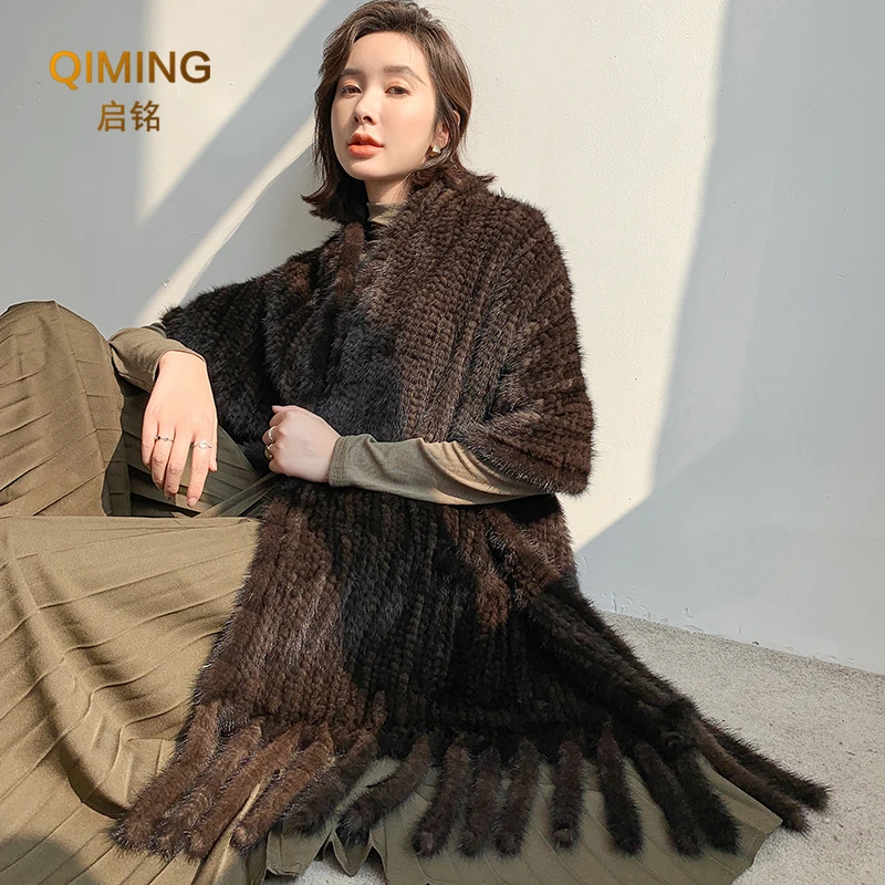 Long Style Large Winter Scarf Real Mink Fur Scarf Fringe Lady 100% Natural Mink Fur Shawl Women Knitted Fur Pashmina Scarves