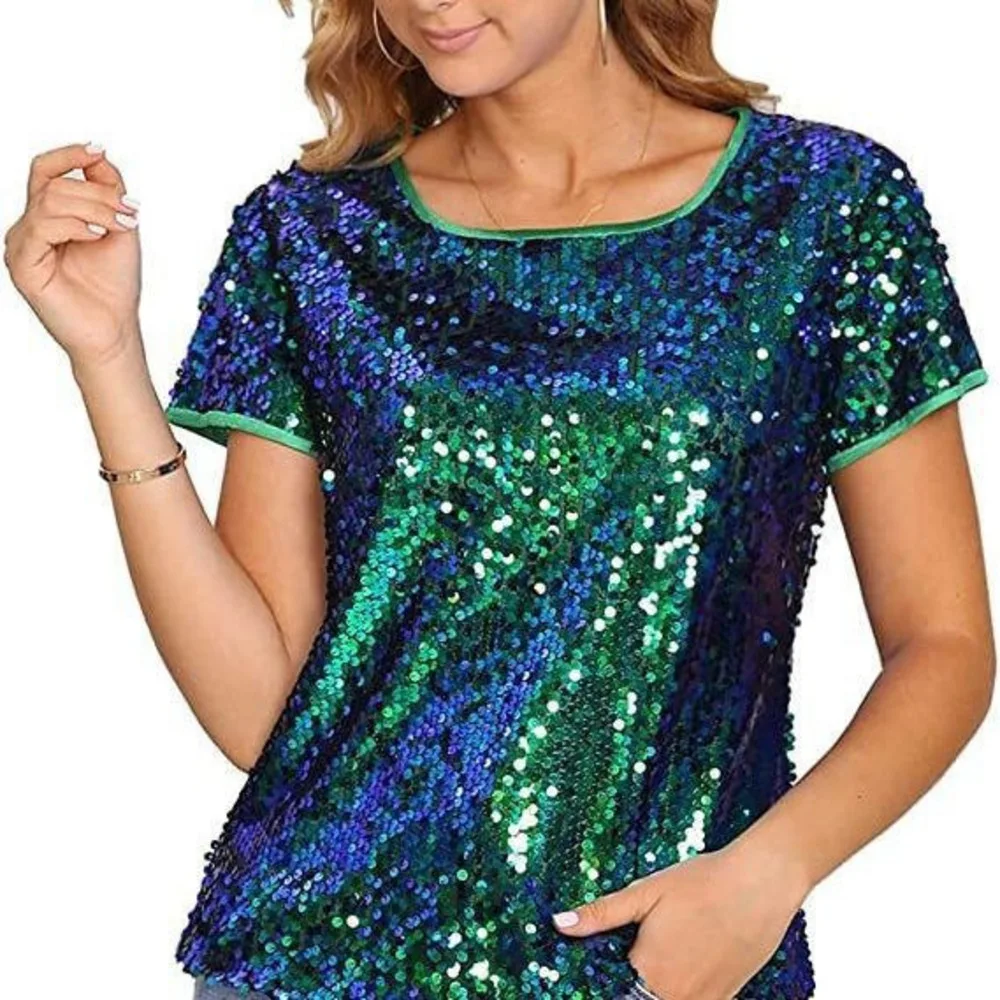 

Trendy 2023 Sparkly Shiny Sequins Flip Round Neck Slim Fit Short Sleeve Tops Womens Blouse Fashion Casual Party Tops