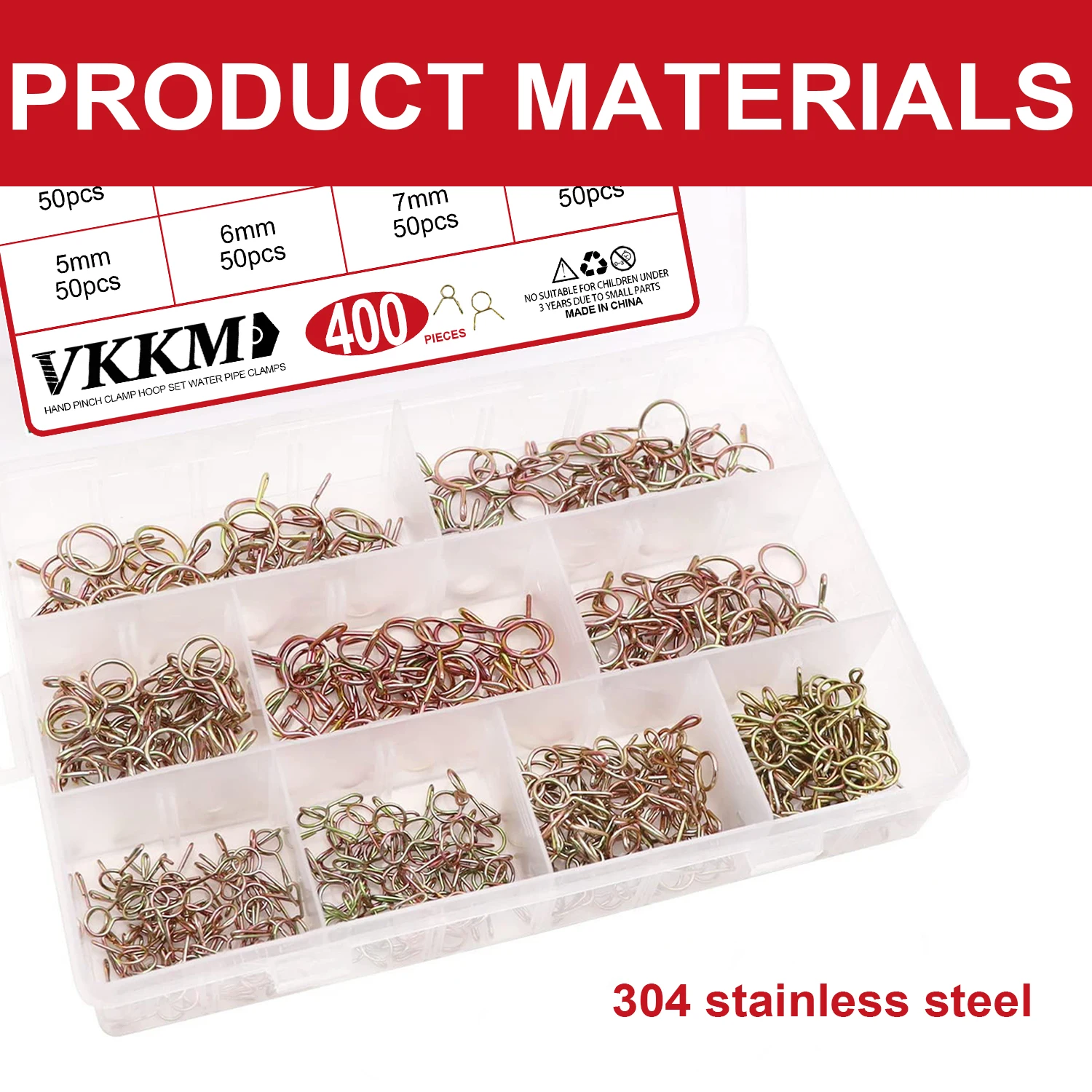 VKKM Multi-Specification Pipe Clip Set, 400pcs, 304 Stainless Steel, Easy to Install
