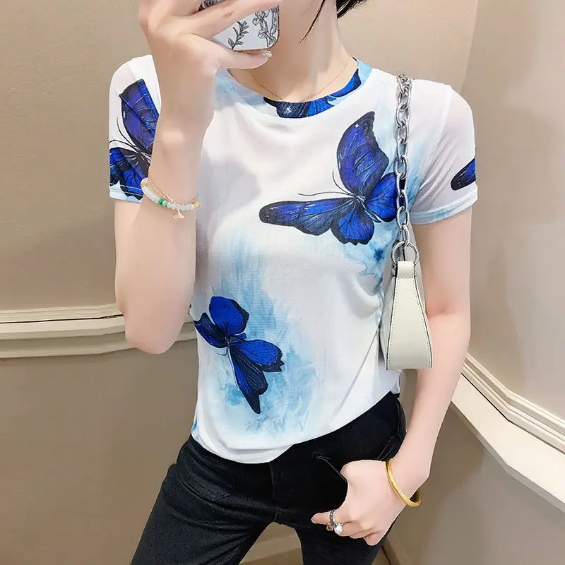 

Printed Short-sleeved T-shirt for Women in Europe Fashionable Ice Mesh Top Slim and Versatile T-shirt for Summer Wear