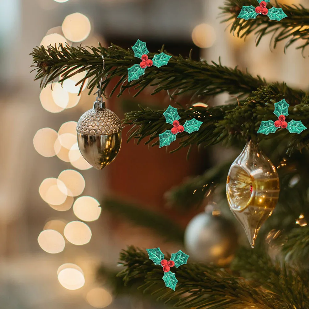 

200Pcs Christmas Holly Leaves DIY Accessories Red Berries Decorations for Tree Party Gift Box Holly Leaves Ornament