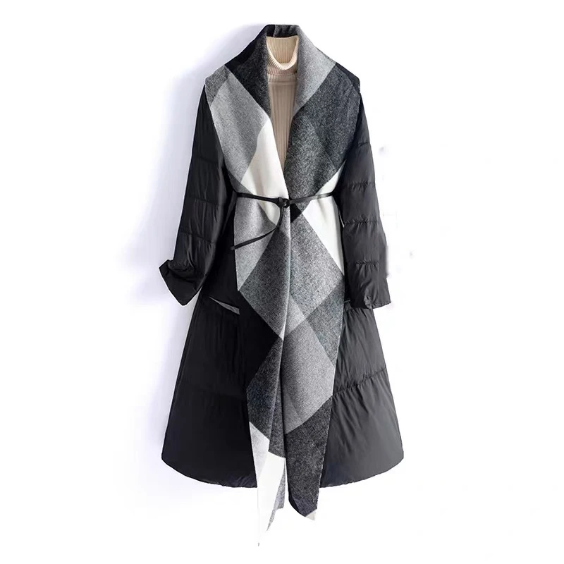 

Winter Woolen Splicing Knee Length Down Jacket Female Pocket Warm Parker Outwears Women White Duck Down Thick Long Down Jackets