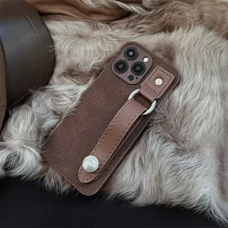 Luxury Brown Leather Phone Case with Retro Wristlet for iPhone 15 Pro Max 14 11 12 13 XS X 7 8 Plus, Vintage Case for iPhone