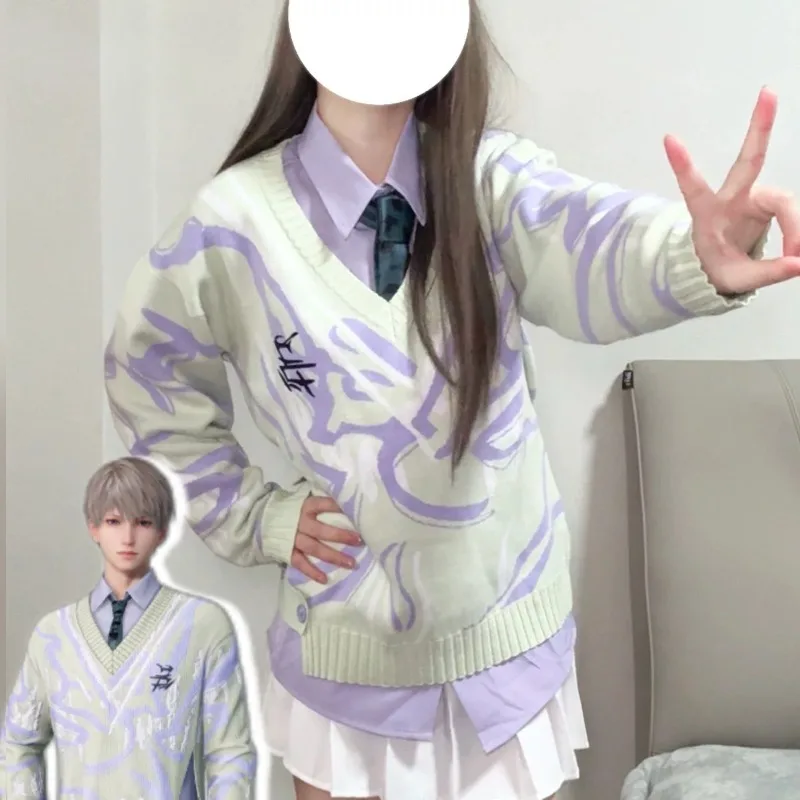 

Xavier Costume Game Love and Deepspace Cosplay Purple Shirt Tie Knitted Sweater Jeans Full Set Role Play Outfit for Women