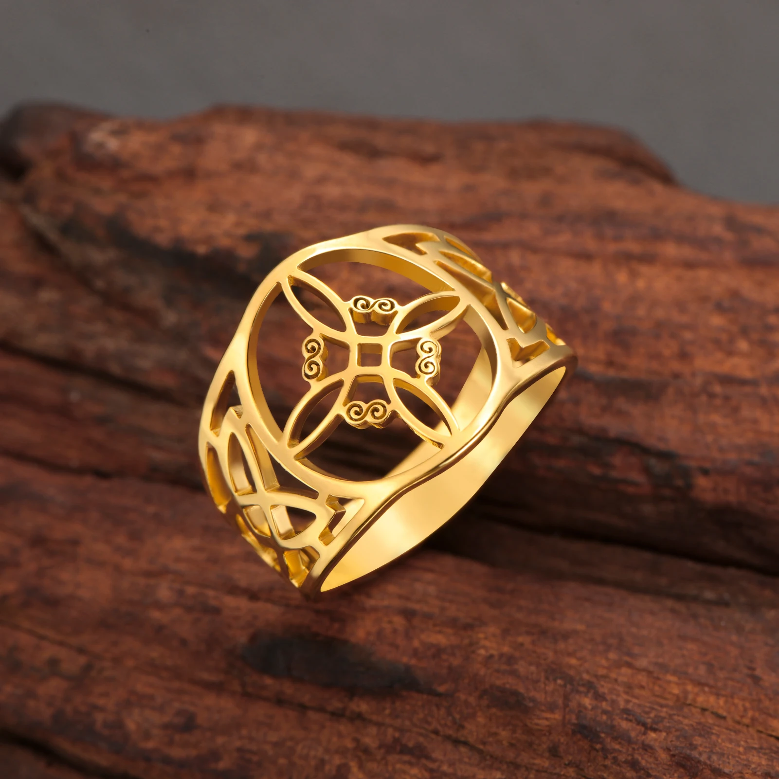 Kkjoy Hexenknoten Keltisches Symbol Ring Edelstahlring Hohl Glücksbringer Schmuck Amulett Ring Geschenk für Frauen Paare Mädchen – Detail 3