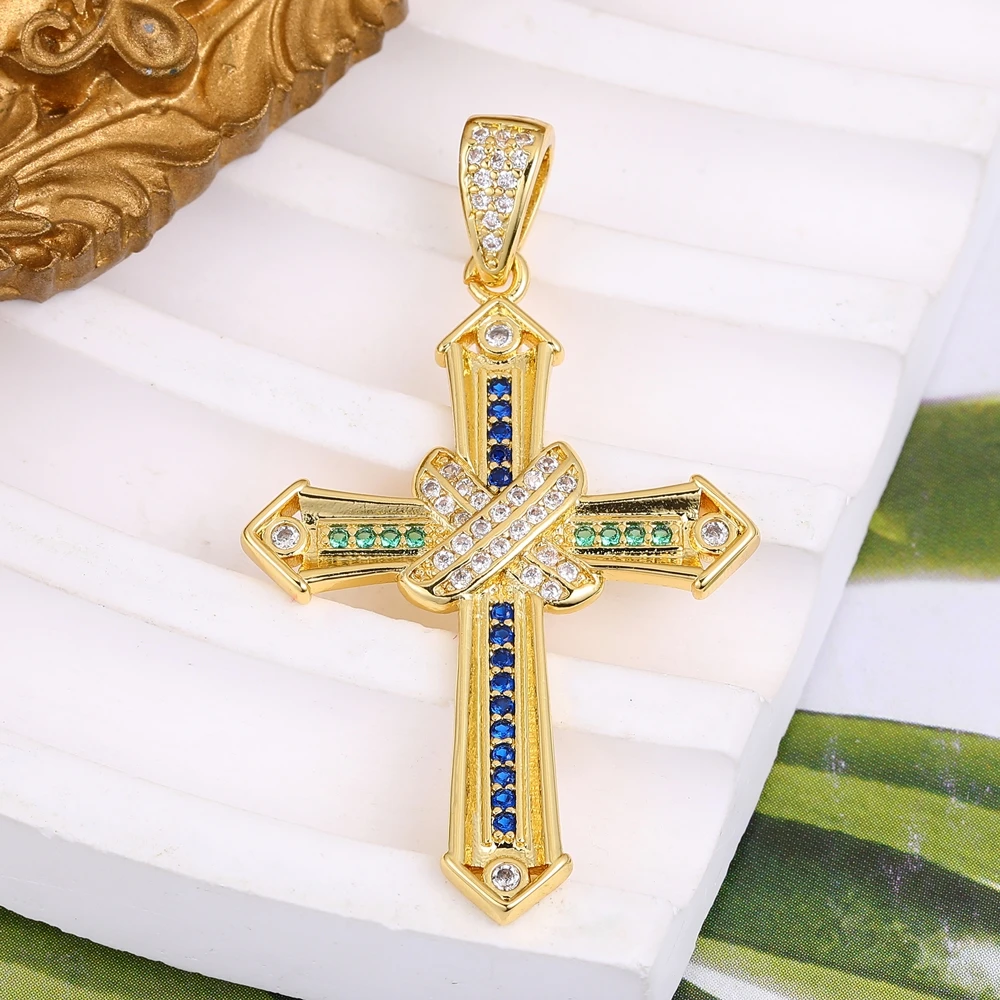 Juya 18K vergoldeter AAA-Zirkonia-Talisman-Medaillen, christlicher Kreuz-Anhänger für Handarbeiten, Charms, religiöse Schmuckherstellung – Detail 12