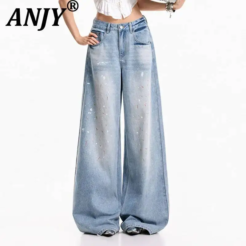 

ANJY Spring Autumn New Women High Street Graffiti Splash Ink Design Washed Retro Jeans Loose Stylish Wide-leg Denim Pants A24281