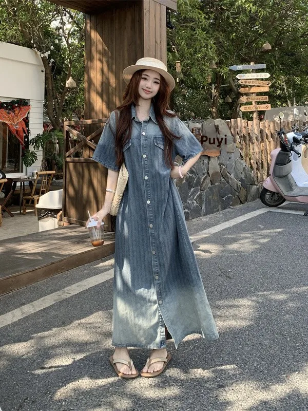 

plus Size Women's Vintage Short Sleeve Denim Dress Summer Gradient Design Loose Slimming Lazy Style Long Skirt Casual Wear