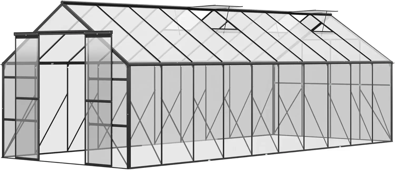 20' X 8' Aluminum Greenhouse Polycarbonate Walk-in Garden Greenhouse Kit with Adjustable Roof Vent 244.1