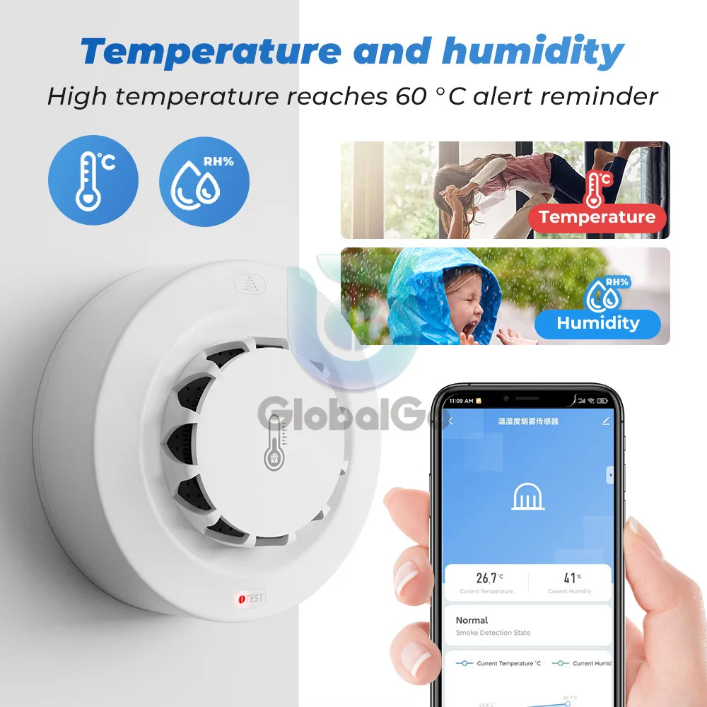 Tuya WiFi Alarme de fumaça Detecção de temperatura e umidade 3 In1 Sensor inteligente vida bombeiro