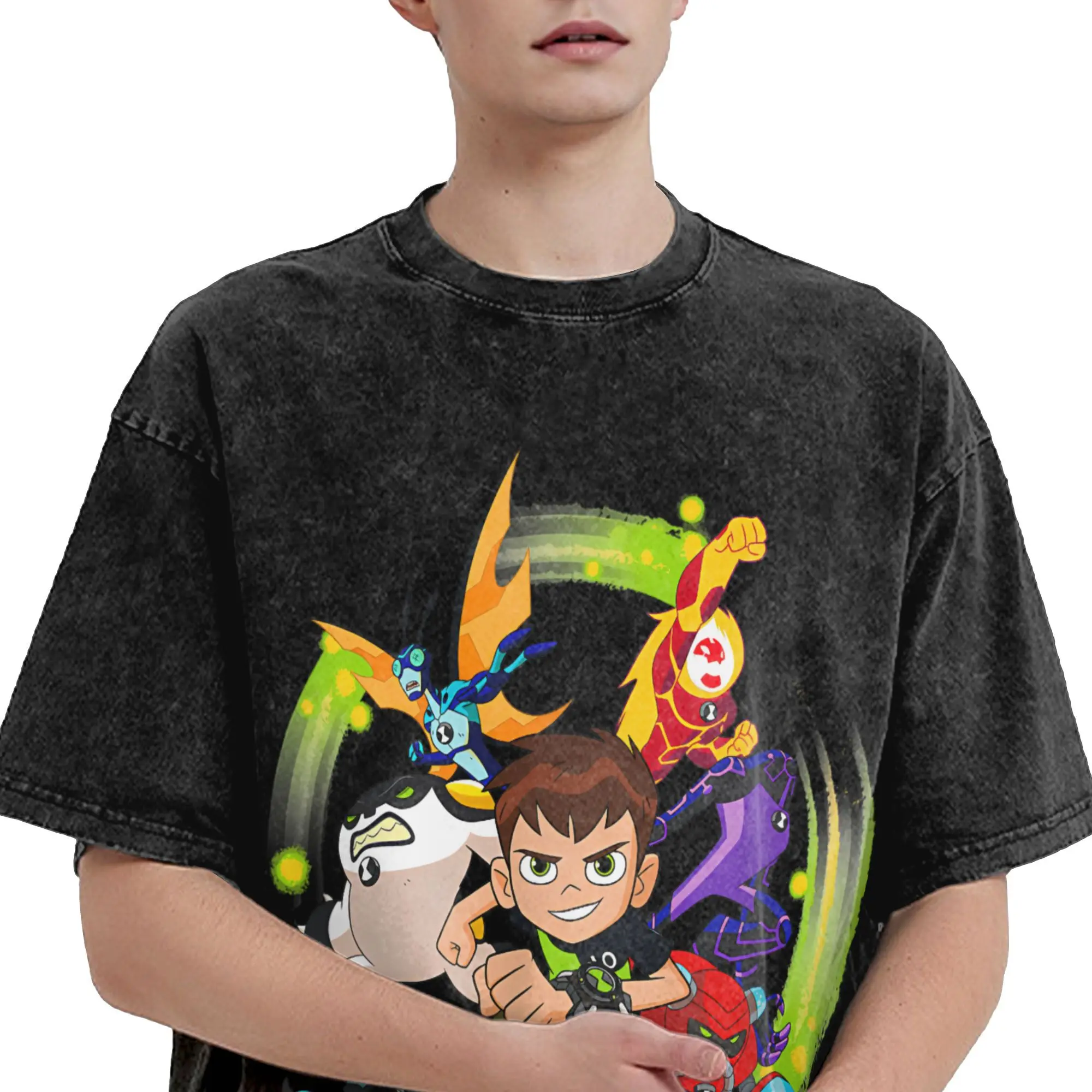 남성 티셔츠 벤 10 에일리언 애니메이션 워싱 티셔츠 힙합 여름 티셔츠 스트릿웨어 프린트 코튼 의류 선물