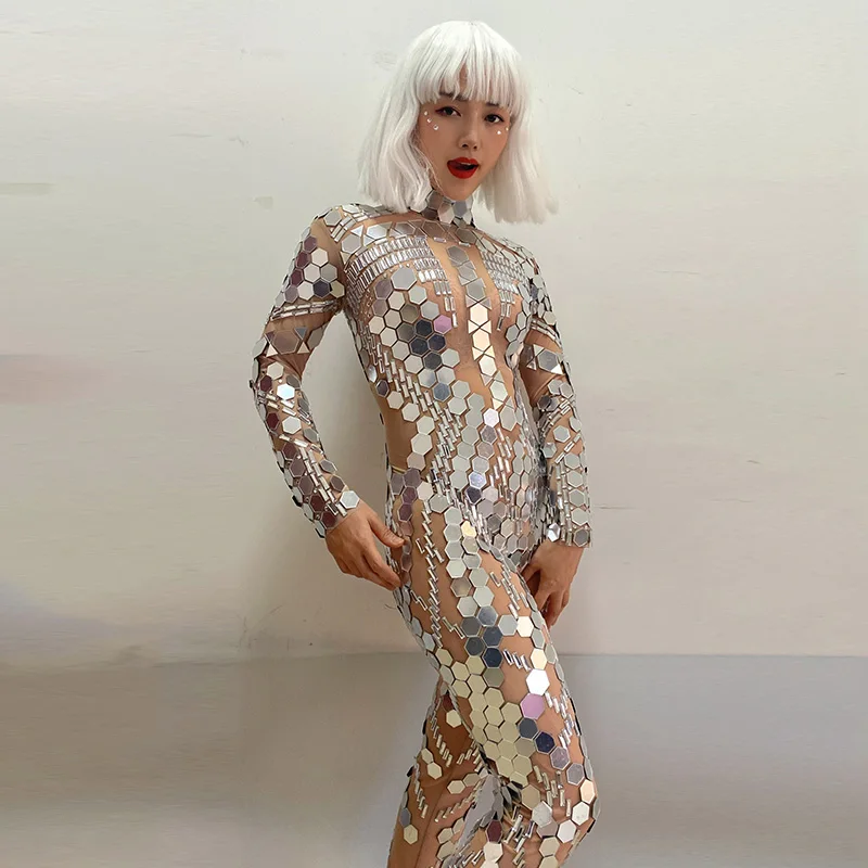 بدلة للجسم بمرآة بأكمام طويلة للنساء للنوادي الليلية ملابس الرقص نموذج فتاة الإستعراض ملابس المسرح ملابس عرض الحفلات Gogo yj802