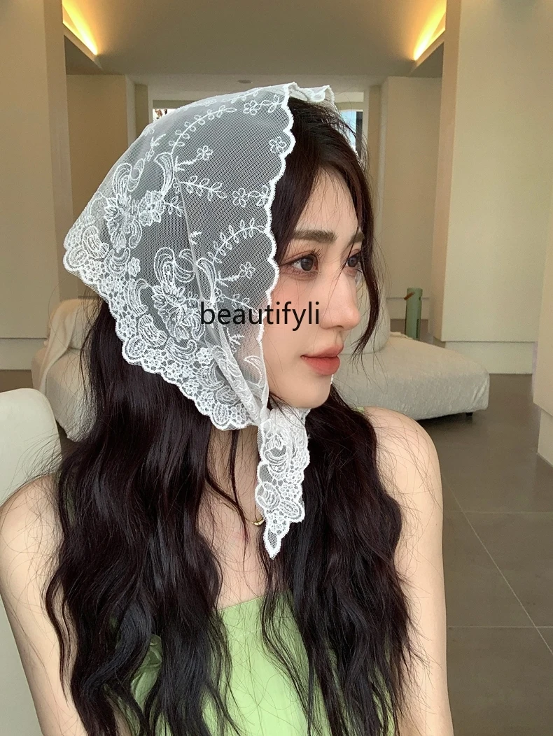 French Lace Flower Headscarf Retro Sweet Seaside Closed Toe Artistic Triangle Hair Band Fashion