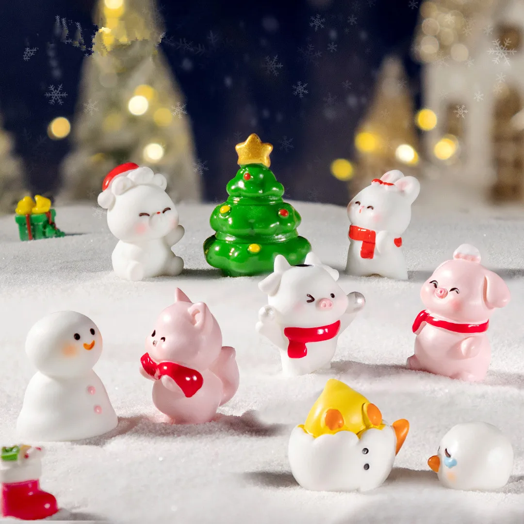 Figurines Miniatures Cute Snowman Pig Dog Rabbit Animals Micro Landscape Ornaments For Christmas Decorations Room Decor Gift