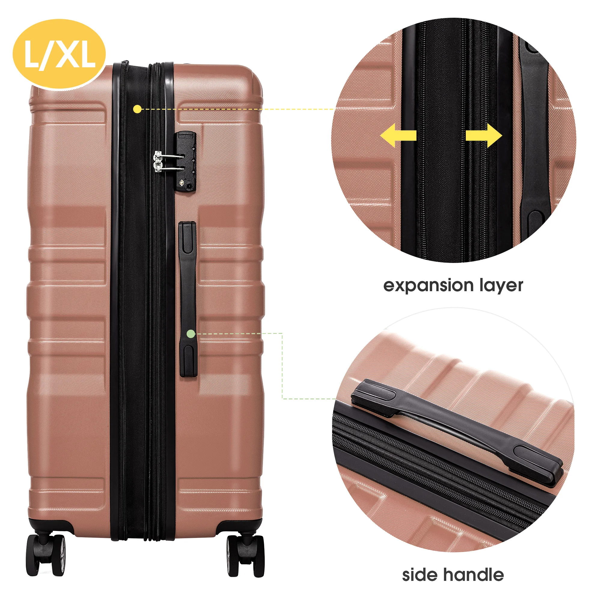 Hard Case hand luggage TSA Lock Universal Wheel Cases Expandable Side Handle 3 Piece Set Rose Gold