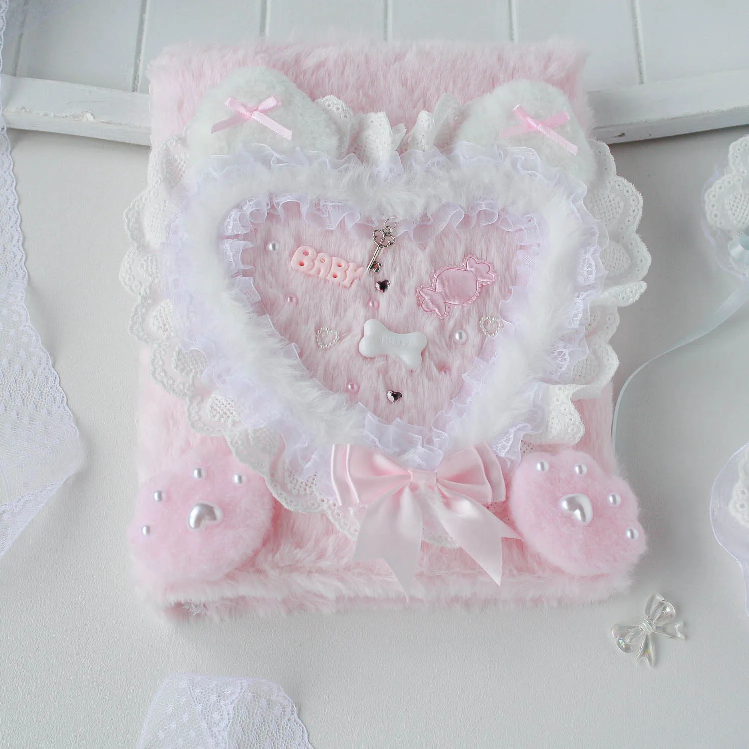 Kawaii Fluffy Cards Holder Binder A5 Lace Kpop Card Protectors Pink Album Book Toploader Plush Sweet Heart Cute Cat  Loose-leaf