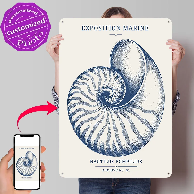 Vintage Nautilus Shell Marine Natural History Personalized 3D Textured Metal Poster Wall Art Tinplate Sign for Room Decor Home