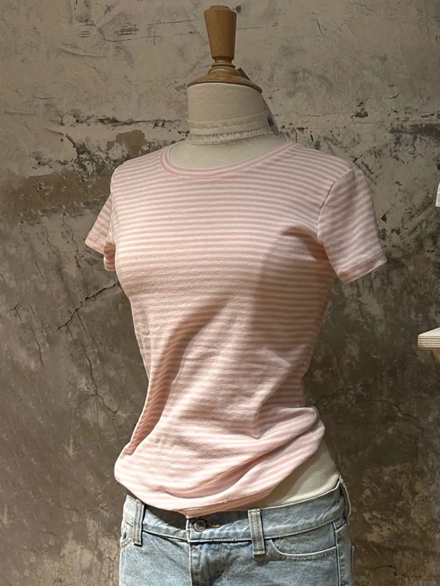Pink Striped Slim Short Sleeve T-shirt Women New Contrast Crew Neck Chic Crop Tops Y2k Sweet Casual Fashion Cotton Tee Shirts