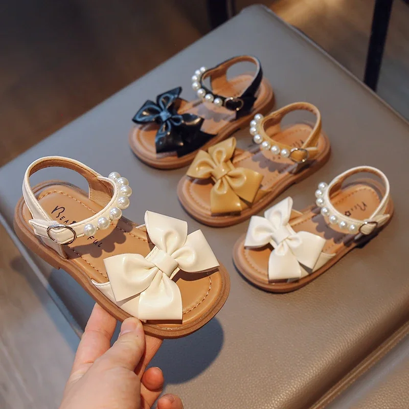 Children Shoes Bow Pearls Open-toe 2024 New Summer Flats Kids Casual Girls Sandals Non-slip PU Simple Japanese Style for Dresses