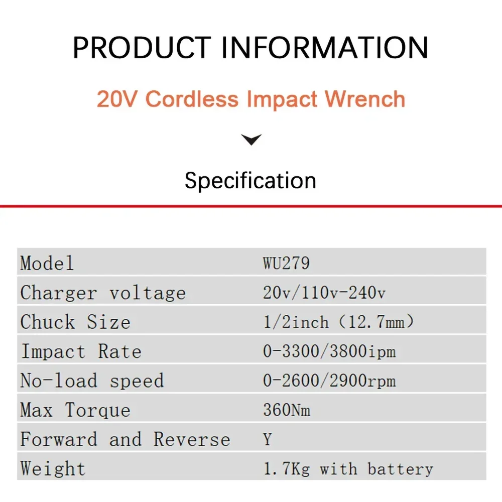 Worx WU279 Wireless Impact Wrench Rechargeable Brushless Auto Stop Reverse 360Nm 2900rpm 3800ipm Universal 20v Green Battery