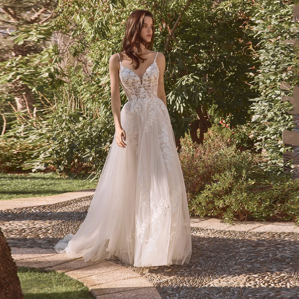 

Sexy Spaghetti Straps Women Women Wedding Dresses Lace Print A-Line Tulle Robes Mopping Length Ball Vestido De Novias Customized