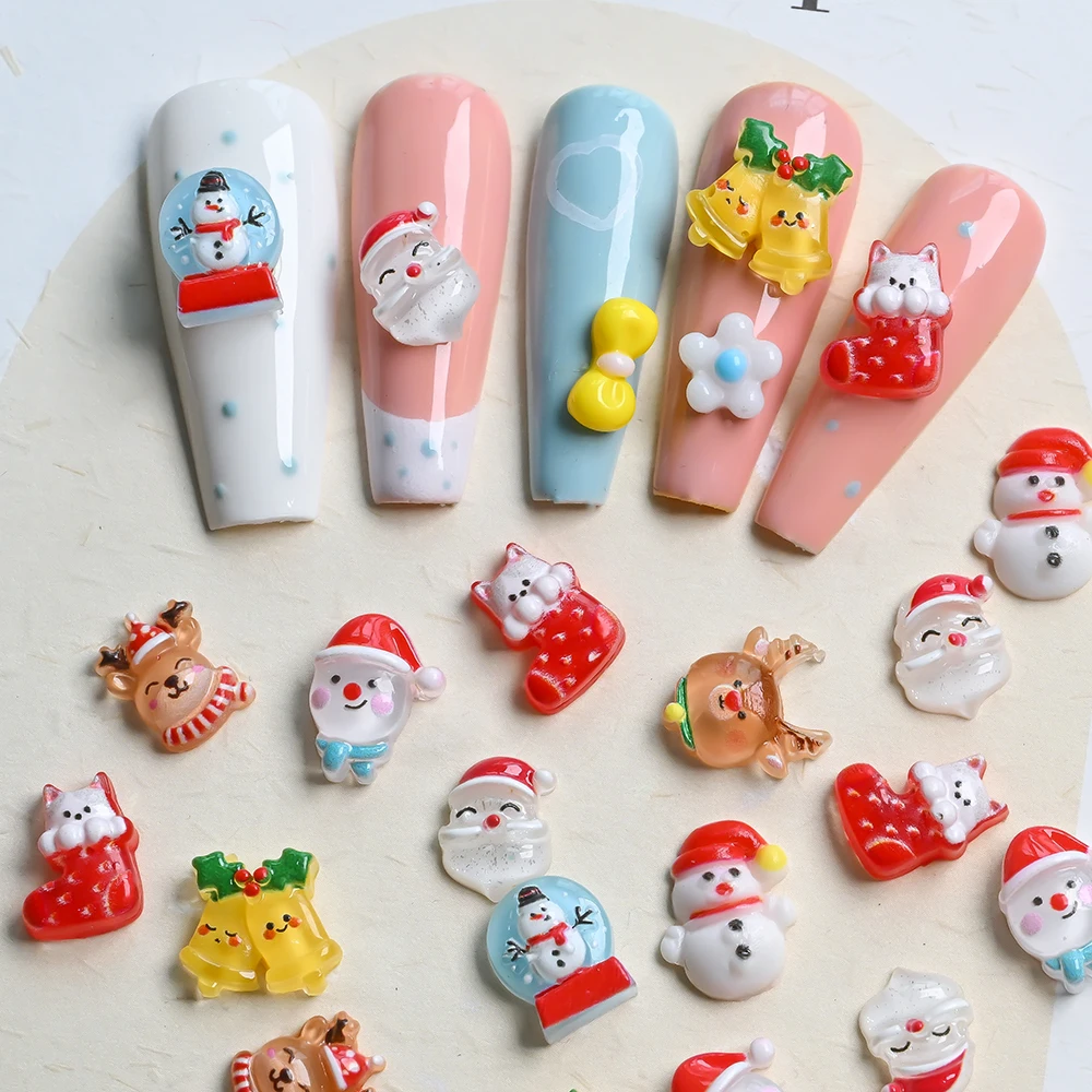 36/50/60pcs Cartoon Christmas Nail Charms Santa Claus Snowman Elk Bell Rhinestone Nail Art Decoration Festival DIY Nail Supplies