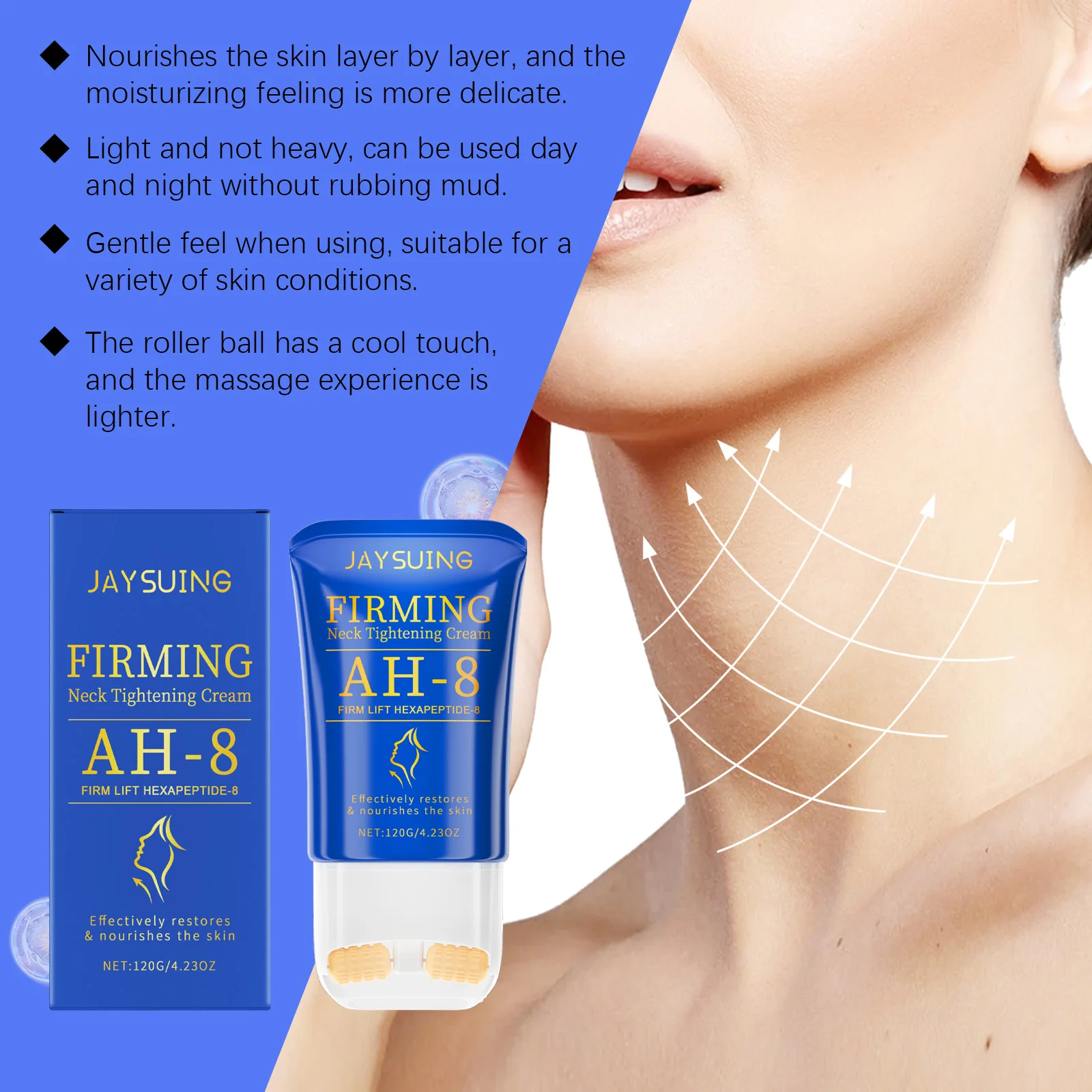 

Tighten Lift Neck Cream with Massage Roller Hexapeptide Jawline Lifting Wrinkle Reduction Firming Sagging Skin AH-8 Neck Care