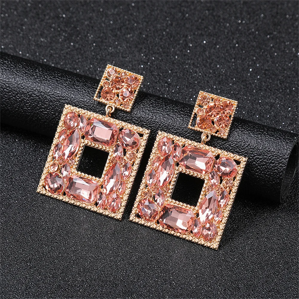 Luxury Colorful Crystal Gem Square Dangle Design Earring Exaggerated Woman\'s Jewelry Vintage Bridal Valentine\'s Earrings Gift