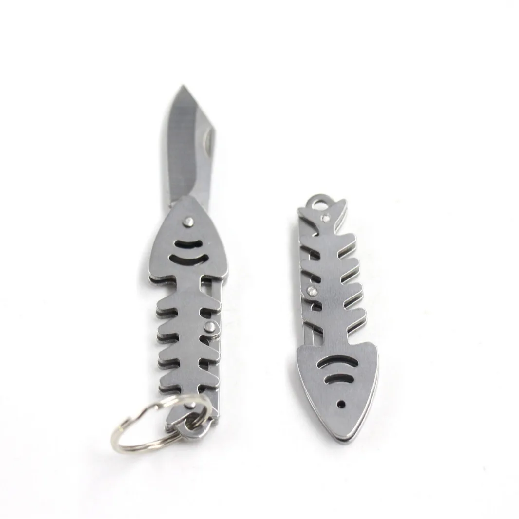 Quick Pop Up Fish Bone Keychain Folding Knife Stainless Steel Mini Pocket Cutter Outdoor Camping EDC Box Cutting Tool ﻿