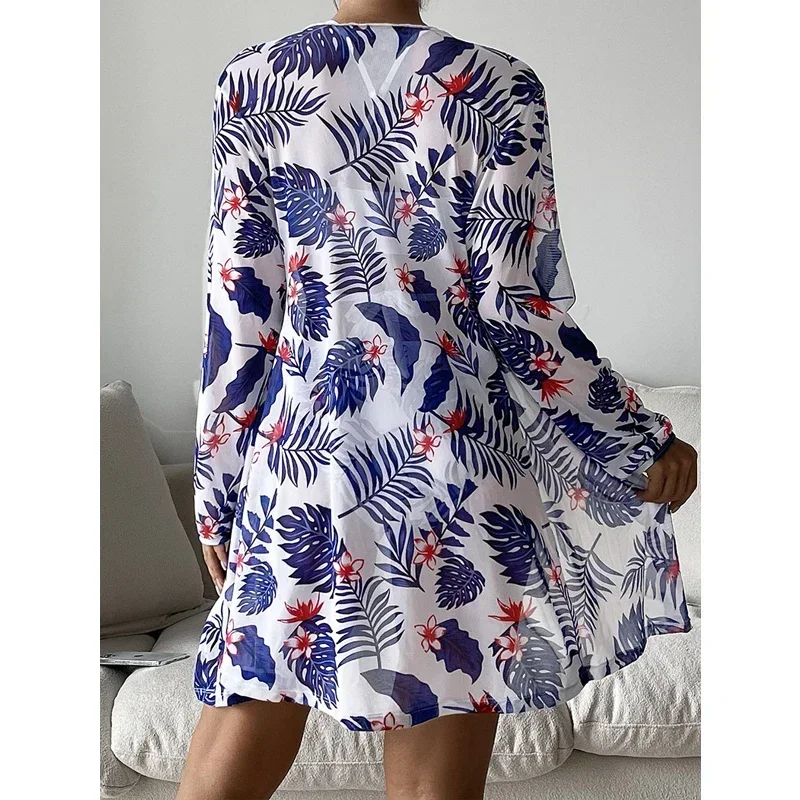 2025 Costume da bagno copricostume in tulle con stampa a maniche lunghe Set bikini a tre pezzi Costume da bagno da donna con fasciatura incrociata e reggicalze sexy