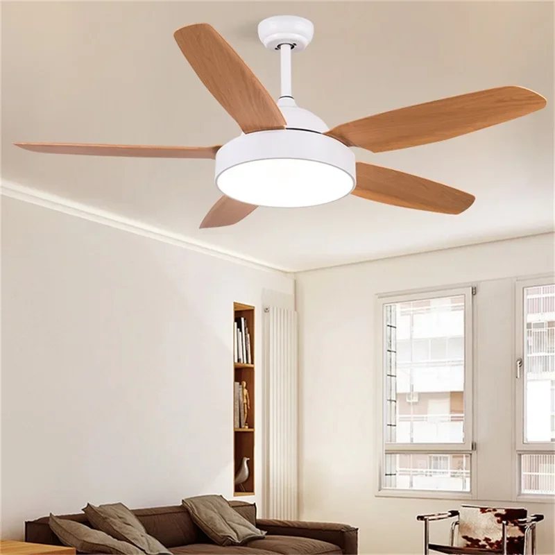 WPD Modern Simple Ceiling Fan Light Remote Control 52" LED Wood Lamp for Home Living Dining Room