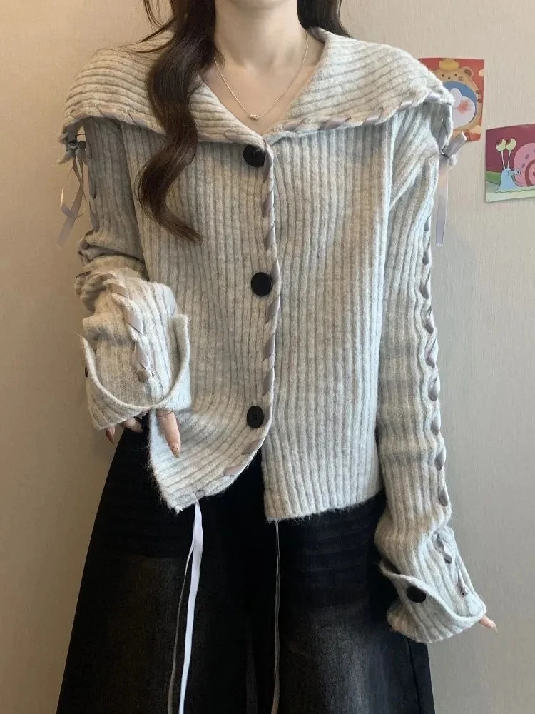

Turn-down Collar Cardigan Sweater Jacket For Women Spring Autumn New Style Top Fashion Ribbon Splicing Short Knitted Top Women