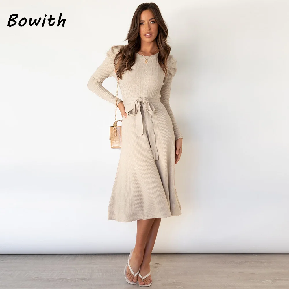 Bowith Fall Winter Knitted Dress Long Sleeves Elegant Wedding Guest Party for Women Formal Black Long Dress Formal Occasion