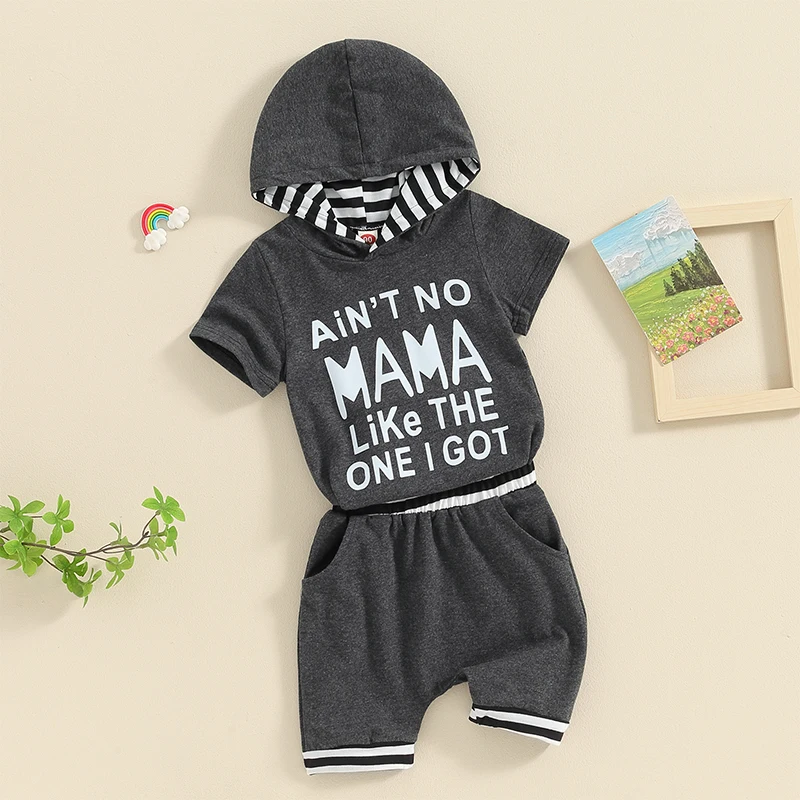 

Baby Boys Summer Shorts Sets Short Sleeve Letter Print Hooded Romper and Casual Shorts Sets