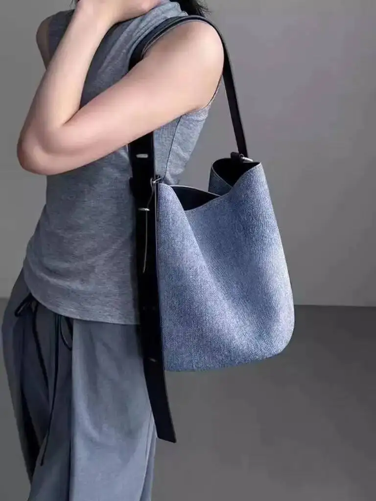 

Bloom Vintage Denim Crossbody Bags Bucket Women High Street Shoulder Messenger Ladies Large Capacity Tote Bag Handbag