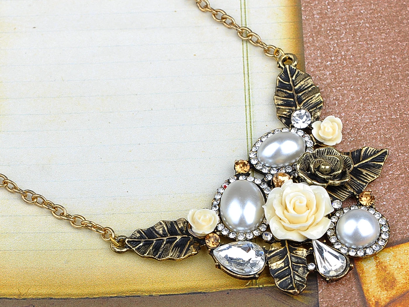 Womens Antique Golden Tone Faux Pearl Floral Flower Cream Rose Bib Necklace