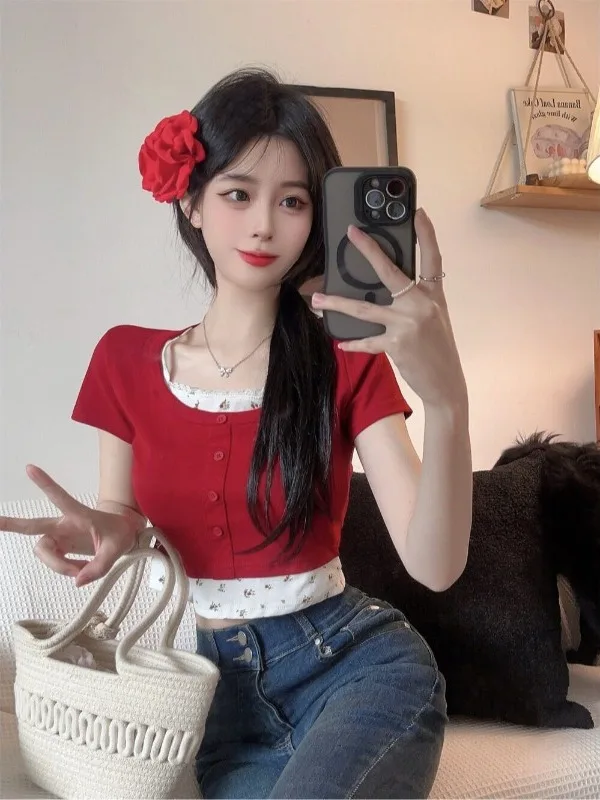 

plus Size Floral Print ort Sve T-irt Women's Summer Slimming oulder Baring Top Commute Sle Regular Fit Chinese Made