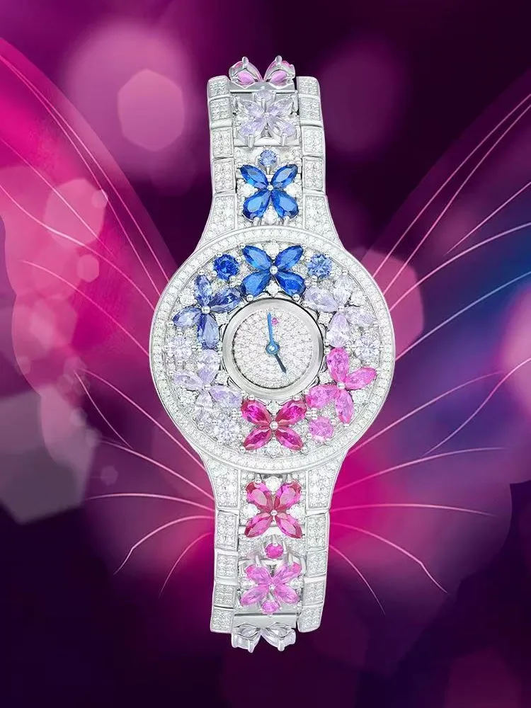 Luxury Brand Woman Watch Full Diamond  Colorful Stones Watches Ladies 925 Silver Brcalaet Elegant Montre Femme watch for women